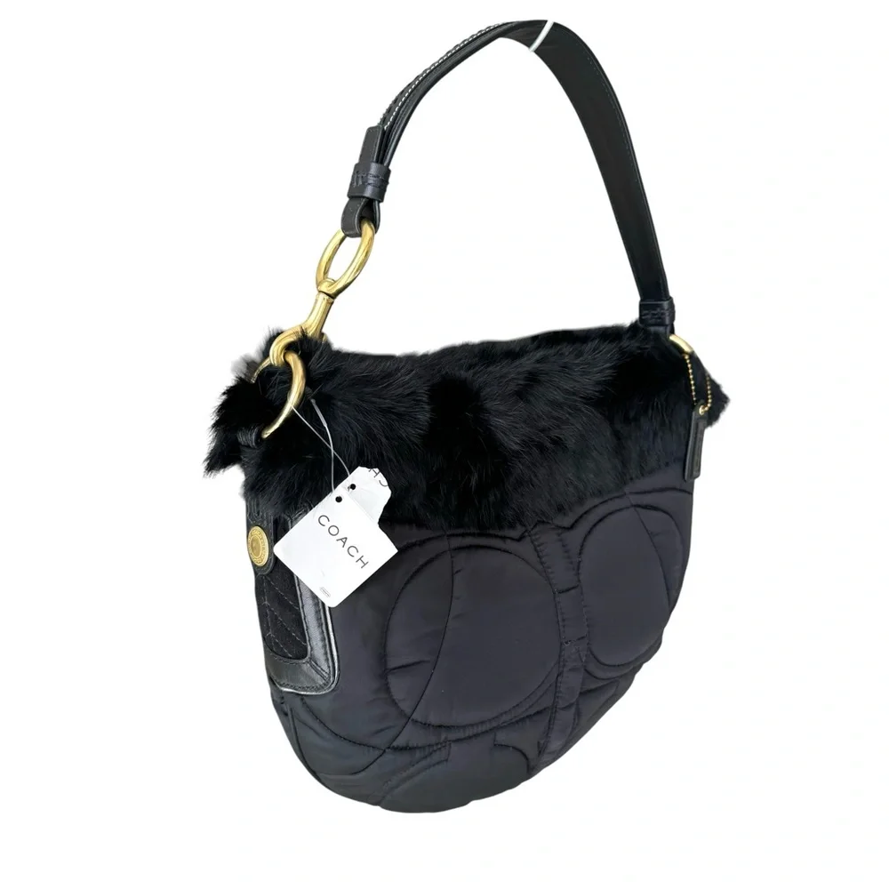 🆕 Coach Fur Signature Shoulder Bag Black Quilted Hobo